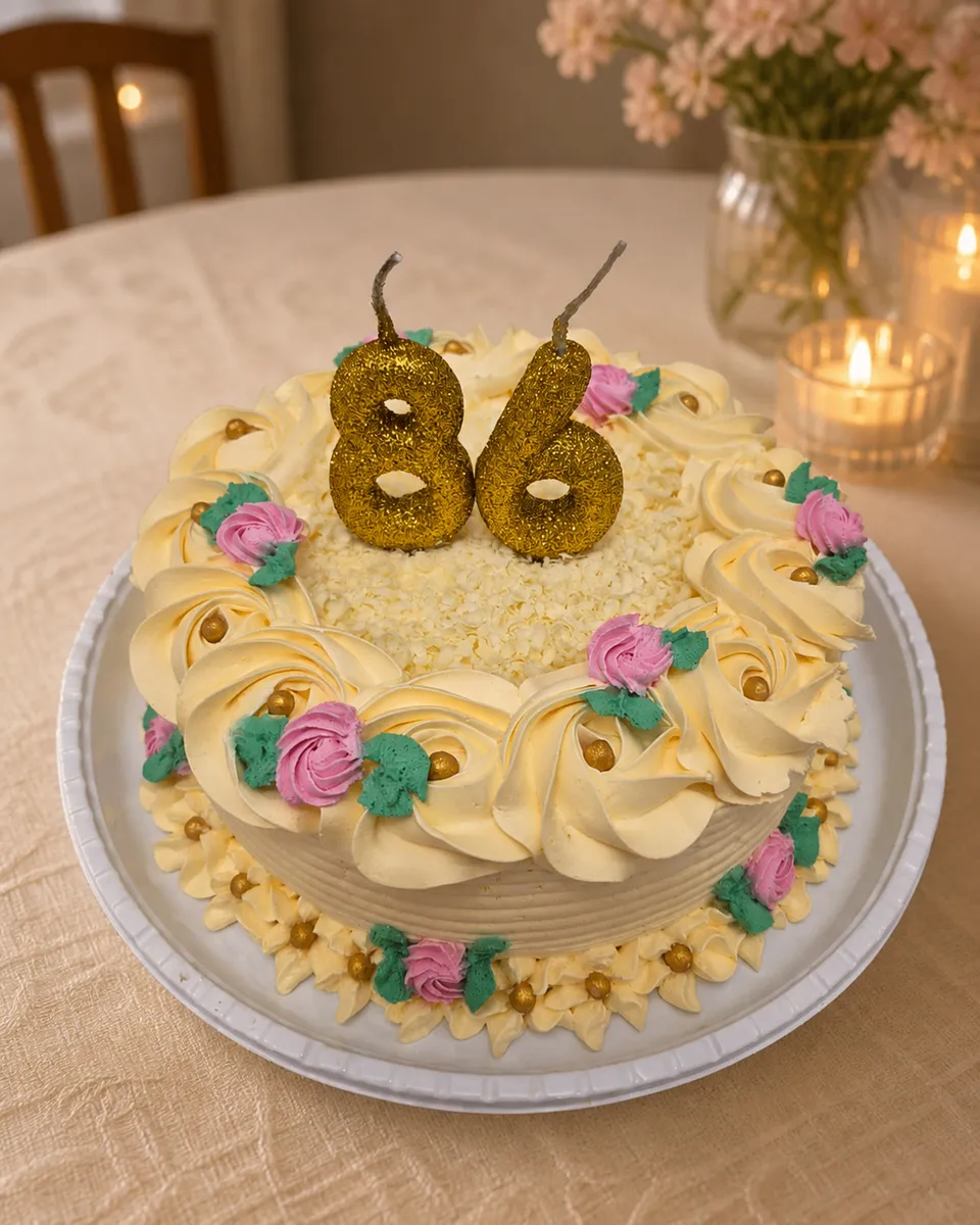 Bolo de aniversário de 86 anos com flores em tons claros