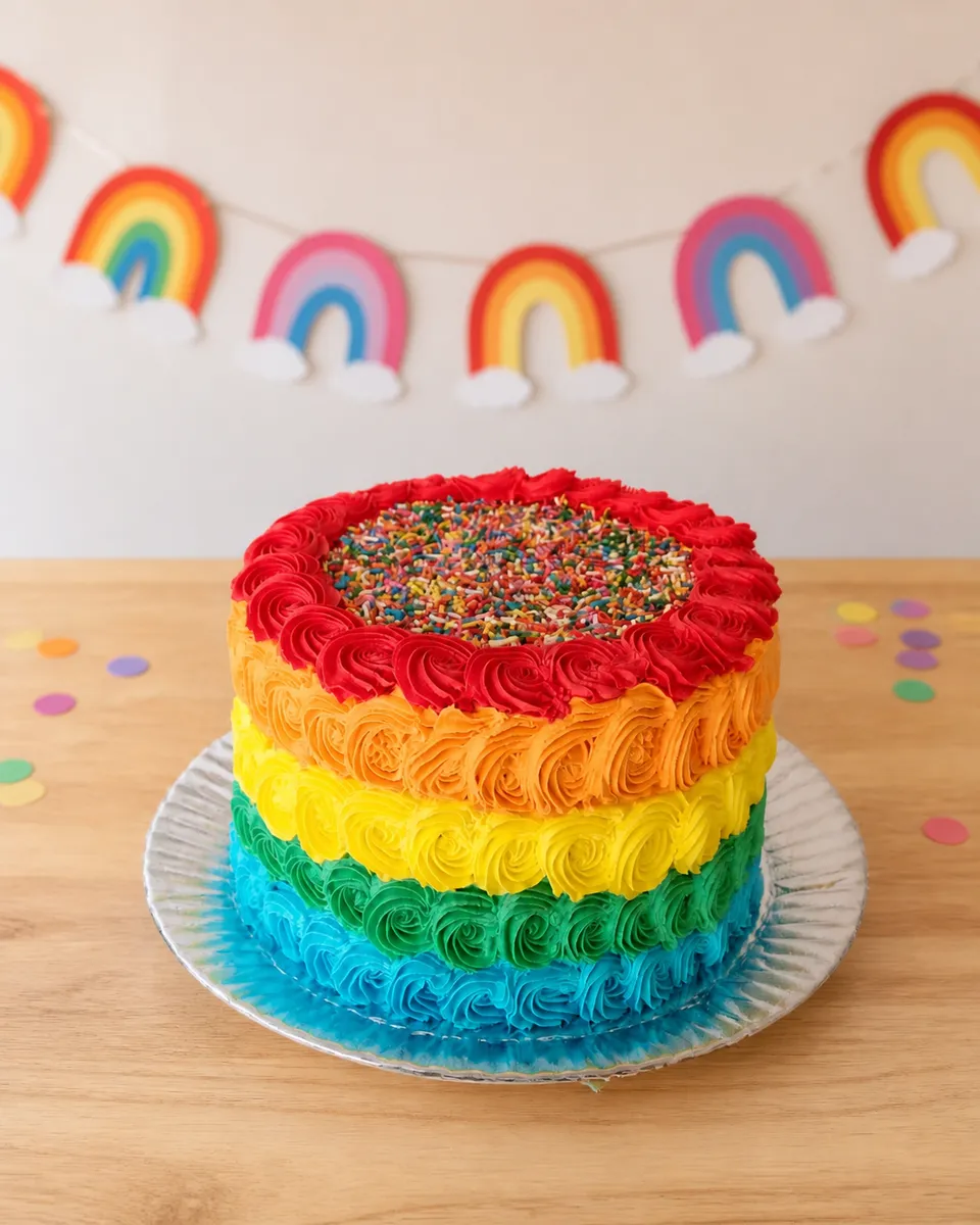 Bolo colorido com decoração em arco-íris apresentado em mesa de festa