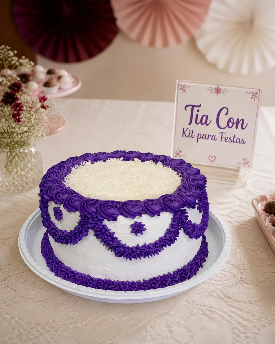 Bolo branco com decoração roxa apresentado em mesa de festa da Tia Con